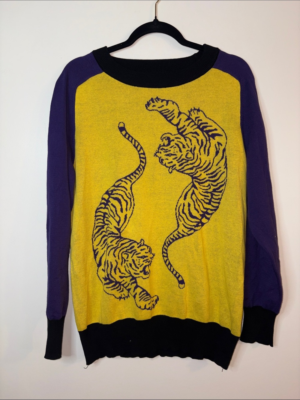Yellow Tiger Graphic Crewneck Sweater with Purple Sleeves Size XL